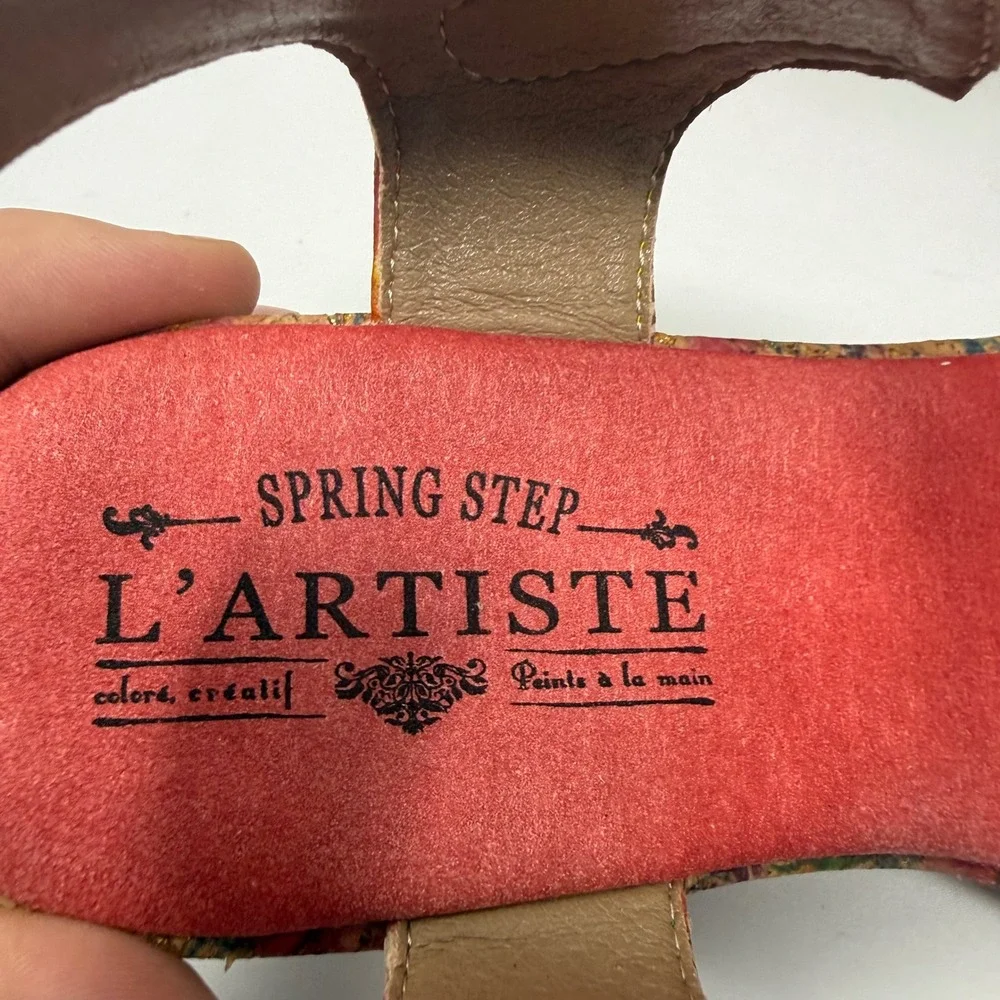 Spring Step L'Artiste Tanaquil Red Leather Wedge Sandals Floral Size 37 6.5-7